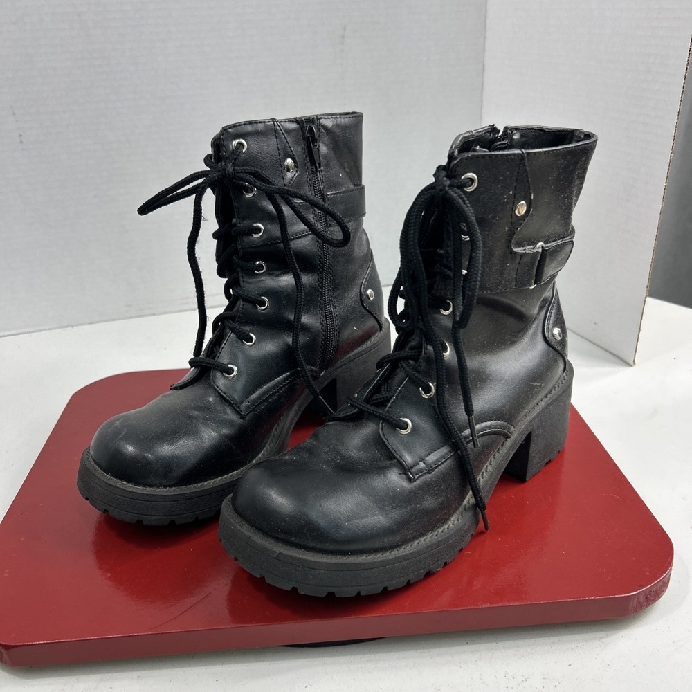 Womens Black Combat Moto Boots Chunky Heel Zip Up Black Boots 8 Goth Grunge Y2K